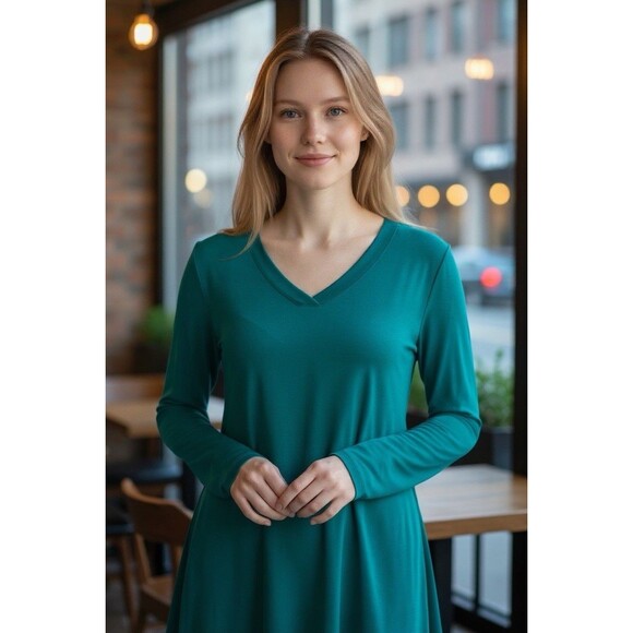 H by Halston Essentials Slinky V Neck Tunic Top Small Teal Green Butter Knit - Picture 2 of 14
